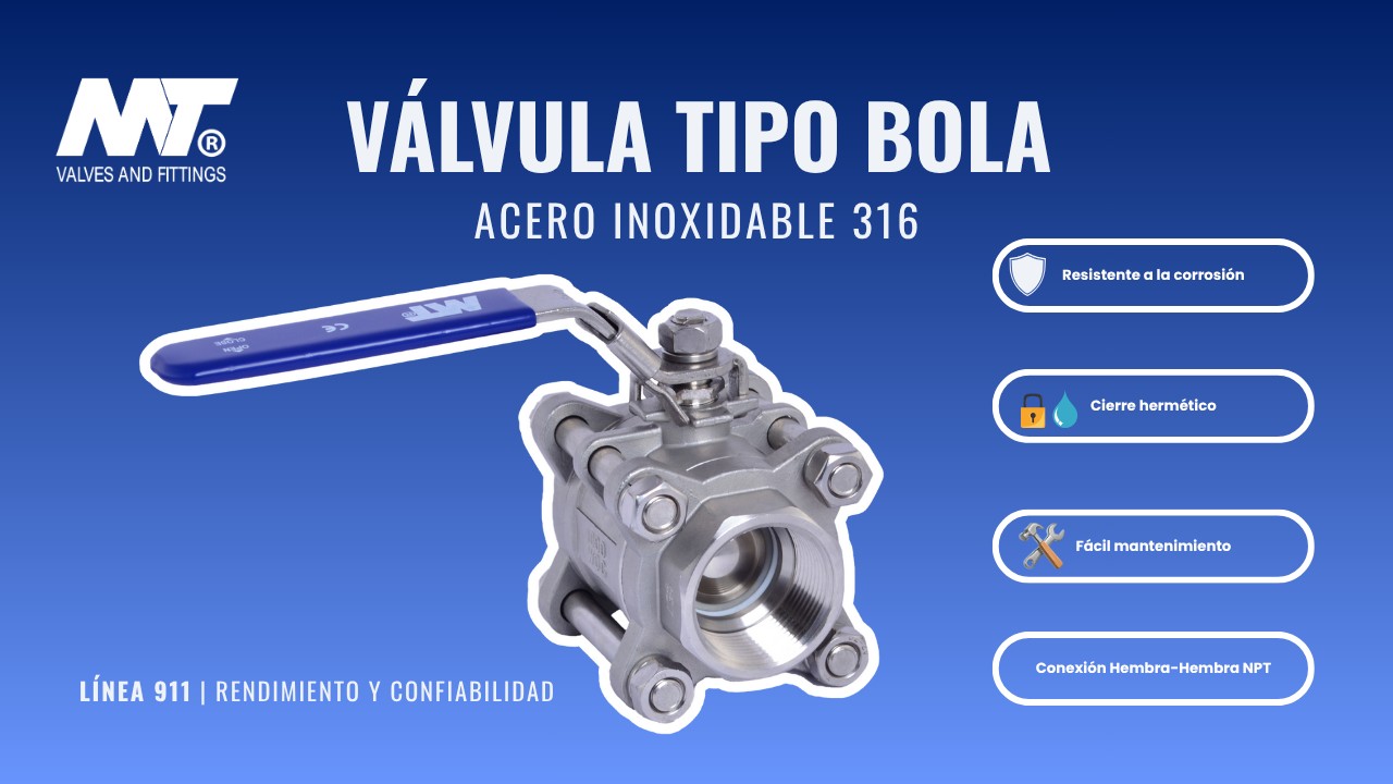 Válvula de bola de acero inoxidable 316 roscada 3 piezas línea 911 MT: qué es, cómo funciona, ventajas y aplicaciones industriales